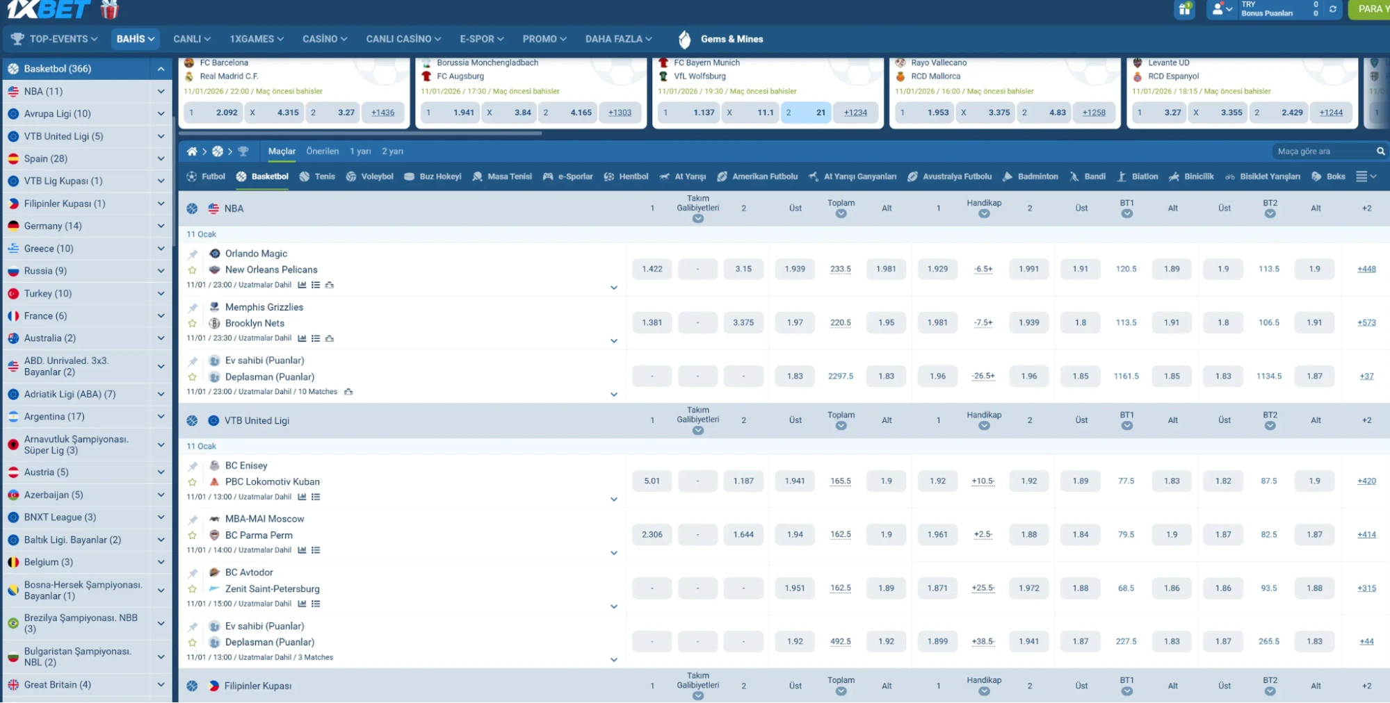 1xBet basketbol bahis ligleri